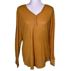 Women's Mustard Waffle Knit Henley Top Long Sleeve Casual Basics Capsule Size XL